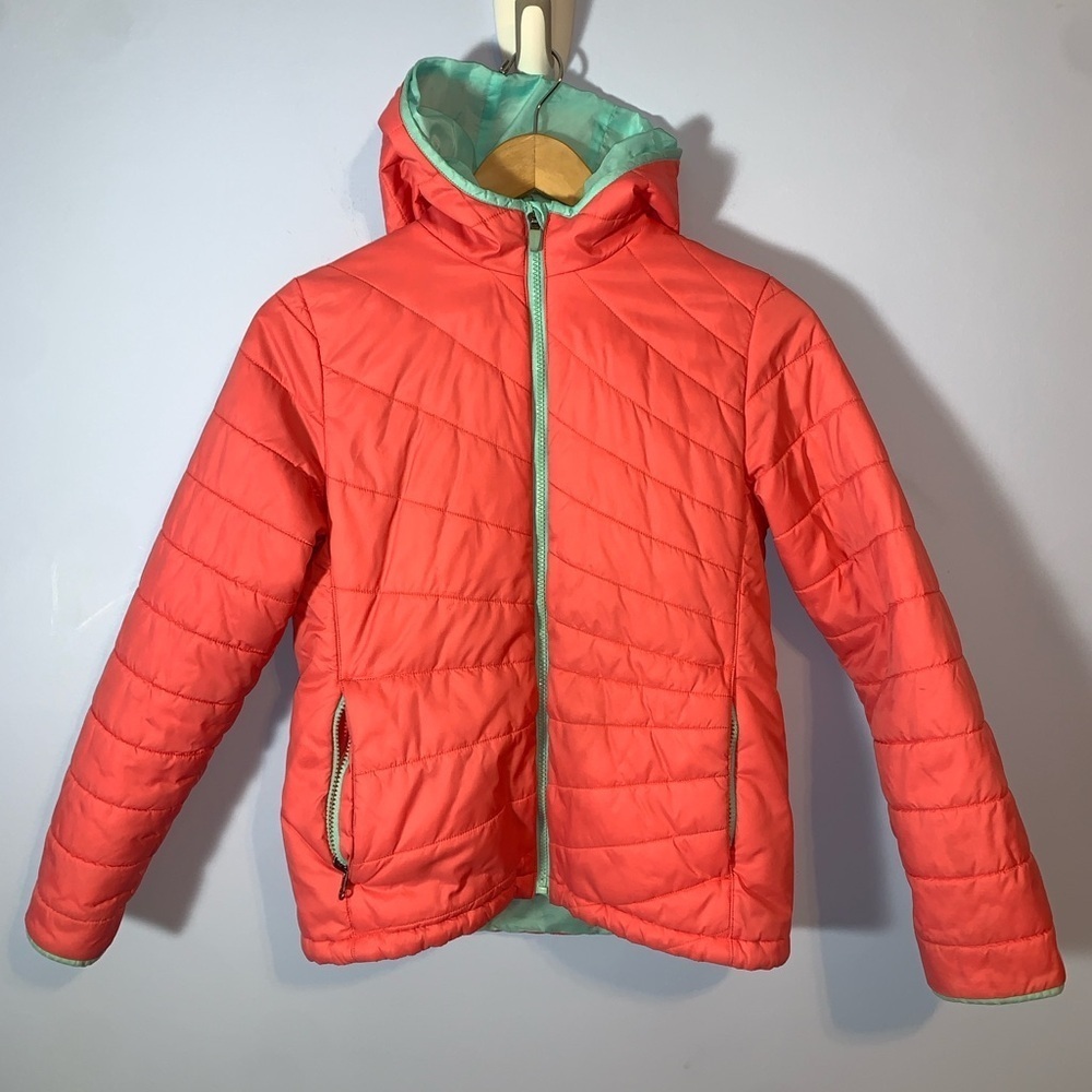 Land end Coral Aqua blue girls Kids Puffer Jacket large 14